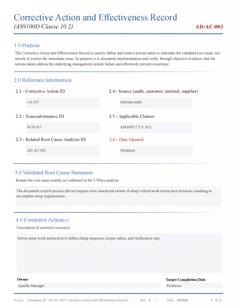 Corrective action and effectiveness verification record designed for AS9100D corrective action evidence