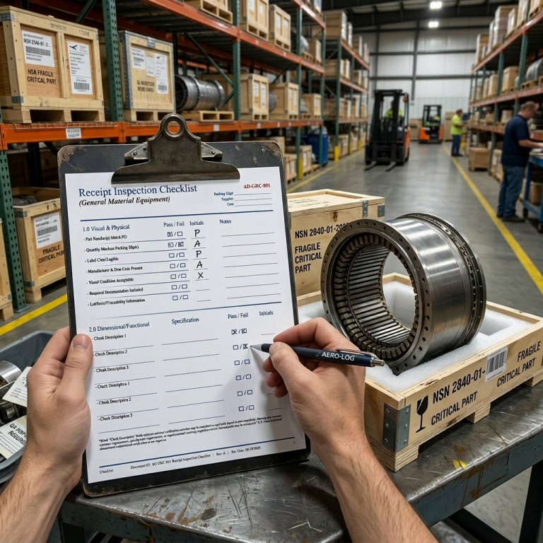 Receiving inspection checklist on clipboard beside aerospace critical part during warehouse material verification and traceability inspection process.