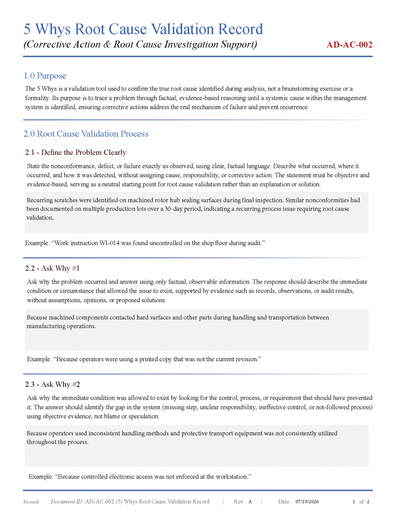 5 Whys worksheet for structured root cause analysis and corrective action investigations