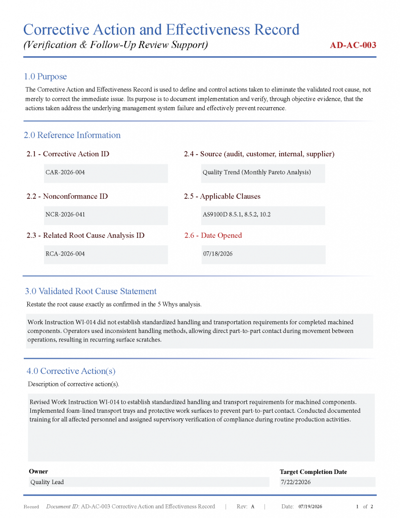 Corrective action effectiveness record for documenting verification and validation of implemented actions