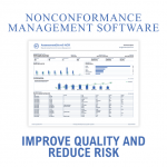 Nonconformance management software dashboard showing NCR quality metrics, Pareto analysis, monthly trends, and open nonconformance records, with the message “Improve Quality and Reduce Risk.