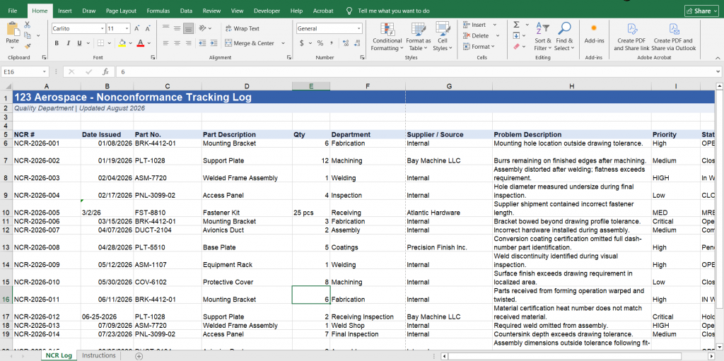 123 Aerospace NCR overview spreadsheet showing nonconformance records and quality tracking data.