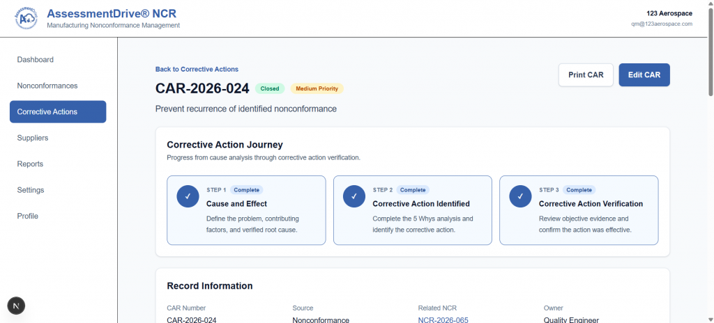 AssessmentDrive corrective action record showing root cause, corrective actions, and verification details.