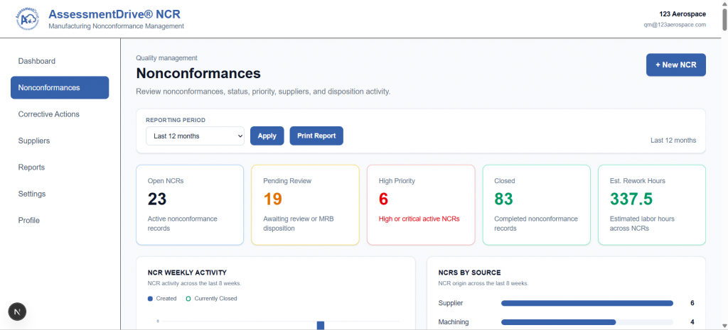 AssessmentDrive NCR record showing nonconformance details, status, disposition, and quality information.