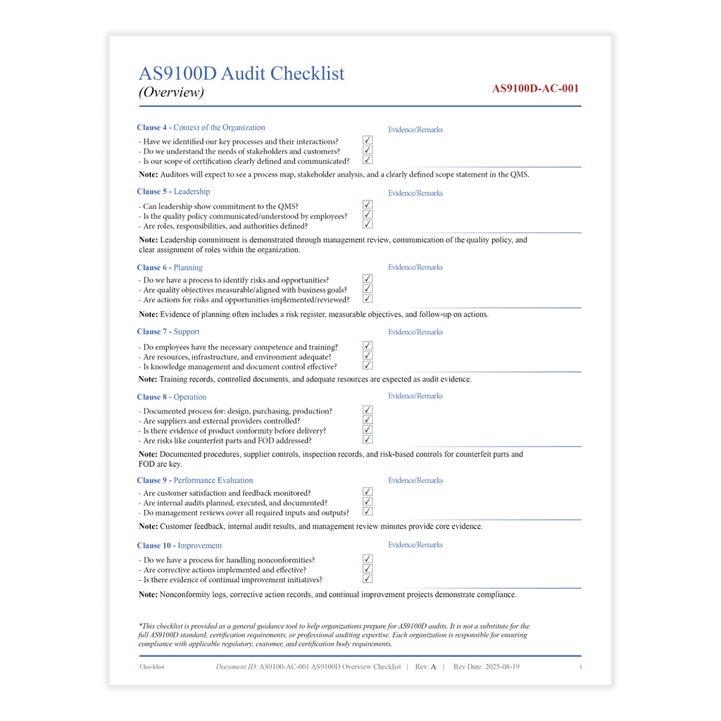 AS9100D Audit Checklist Overview