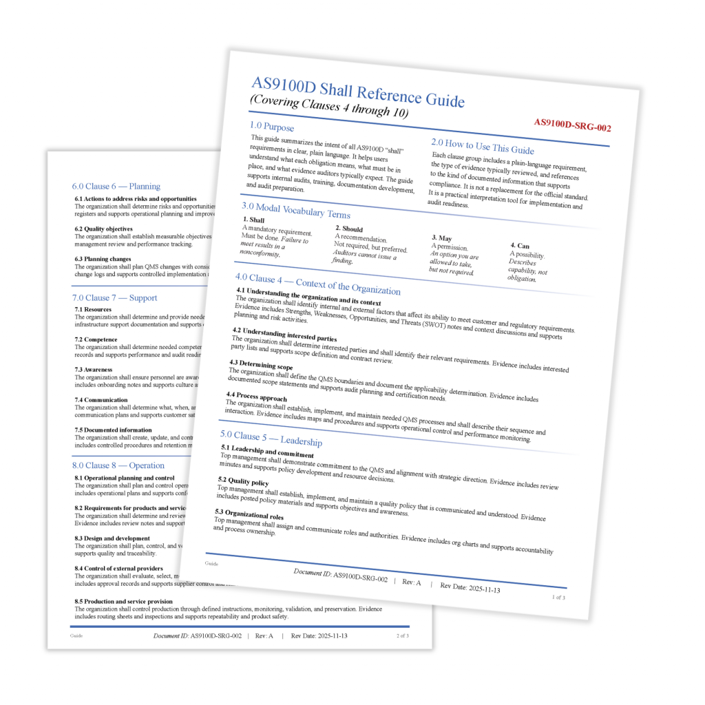 AS9100D shall reference guide PDF showing clause based leadership and management system requirements for audit preparation and internal compliance reviews