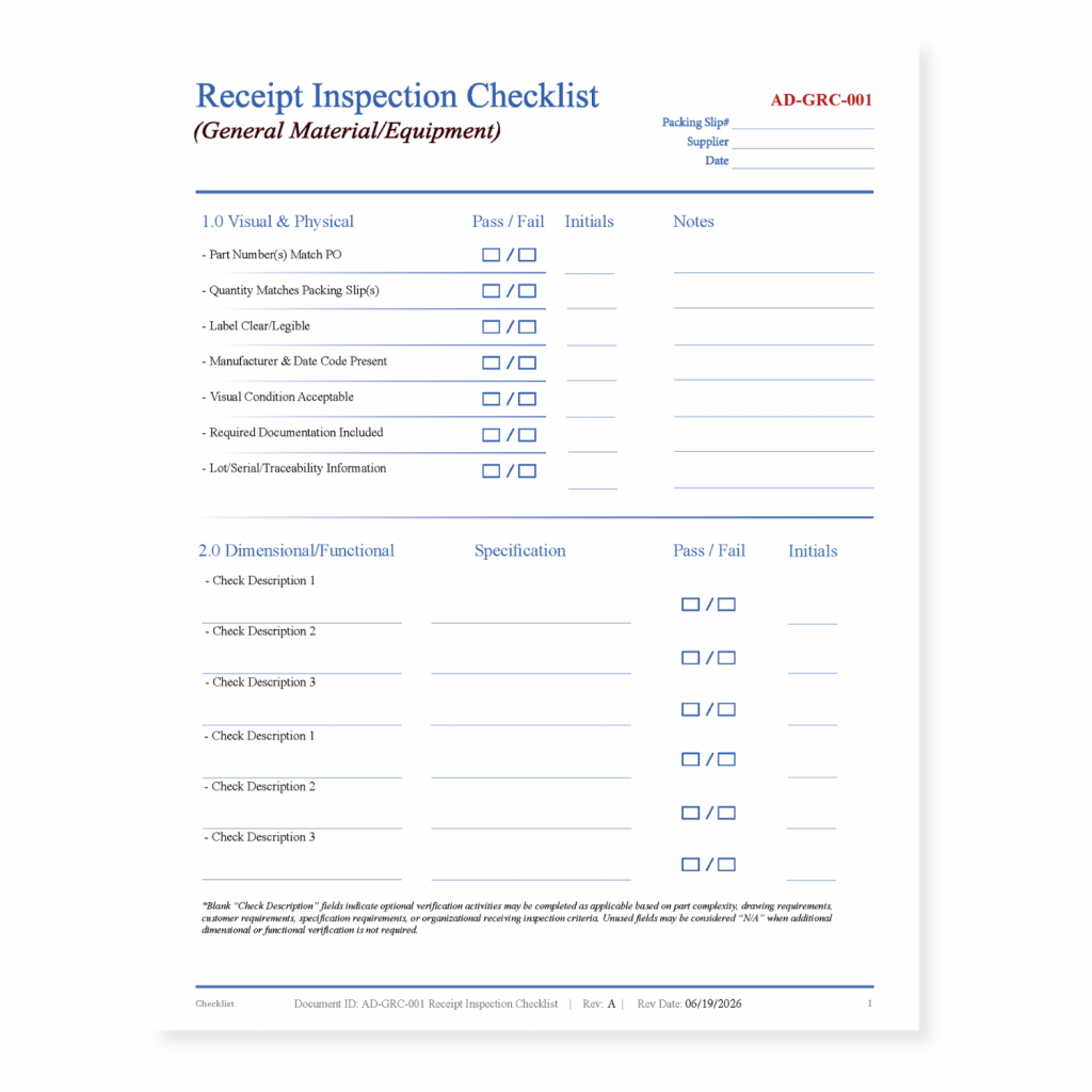 Aerospace Receipt Inspection Checklist