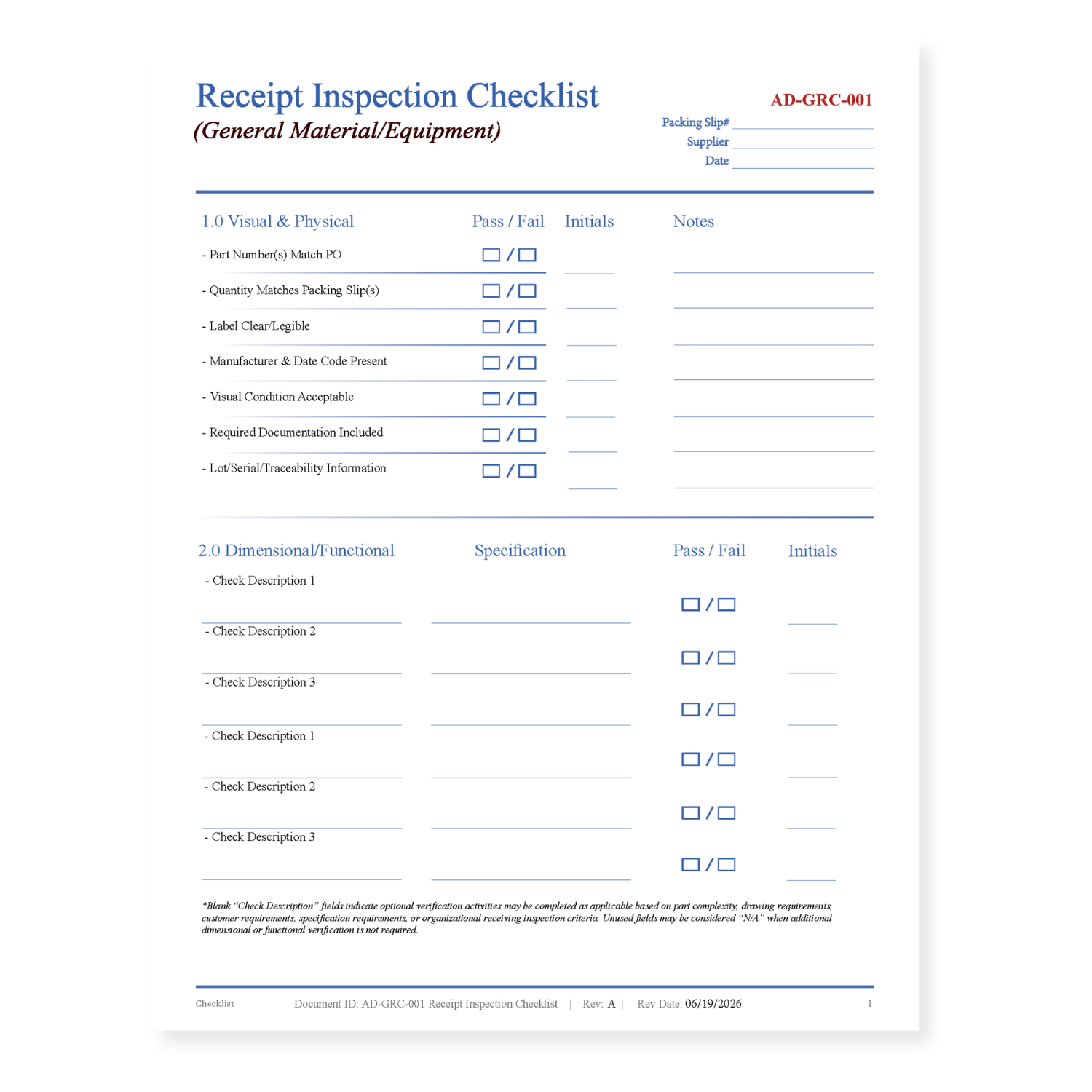 Receipt Inspection Checklist