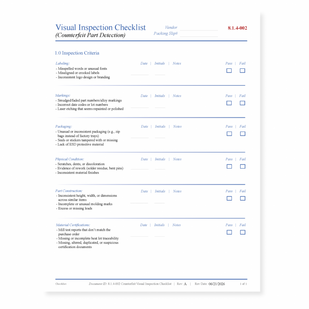 Counterfeit Visual Inspection Checklist