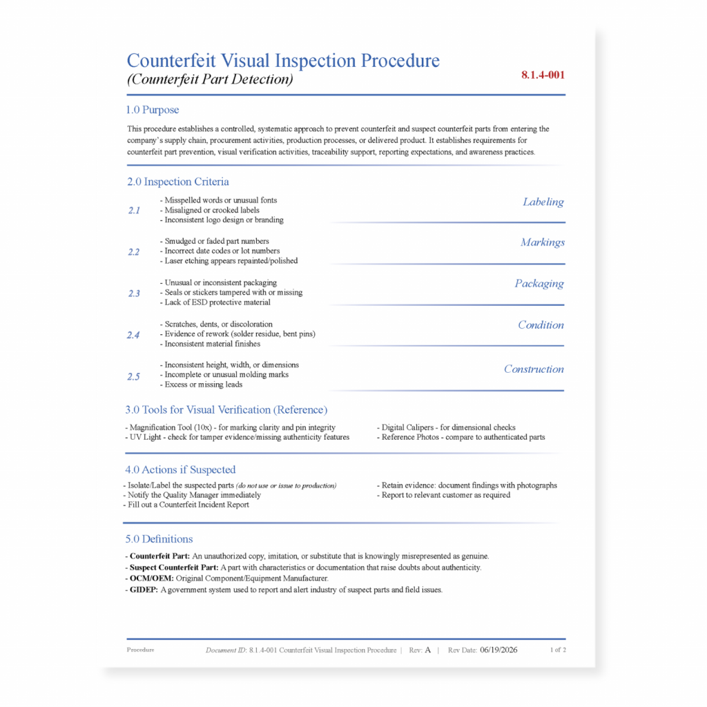 Counterfeit Parts Visual Inspection Procedure
